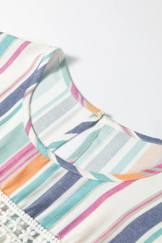 Stripe Lace Hollow - Out Flutter Sleeve Blouse - Bitsy Gypsy Boutique