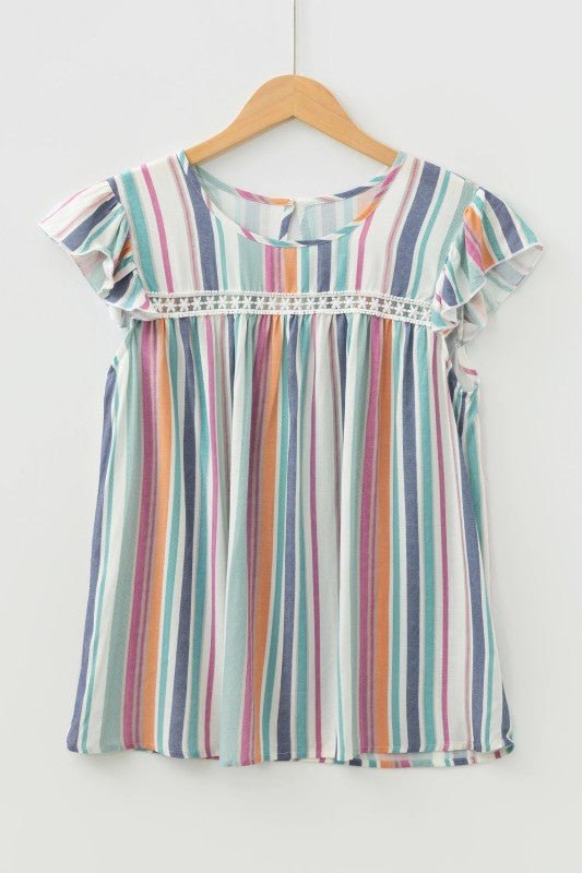 Stripe Lace Hollow - Out Flutter Sleeve Blouse - Bitsy Gypsy Boutique