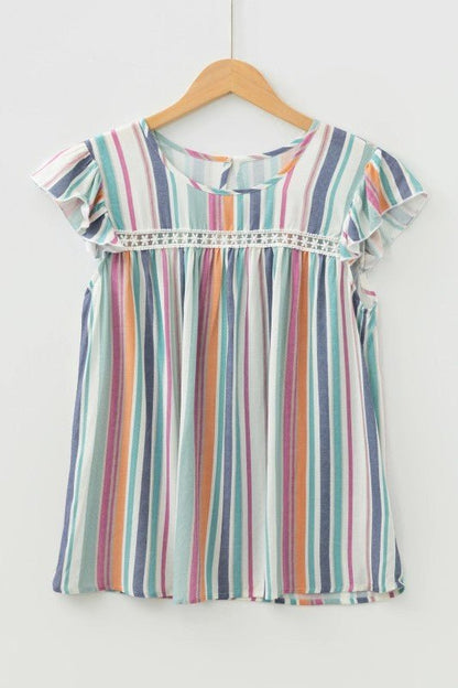 Stripe Lace Hollow - Out Flutter Sleeve Blouse - Bitsy Gypsy Boutique