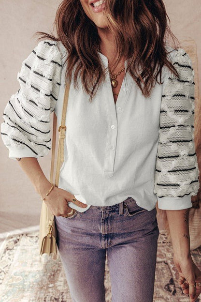 Stripe Patchwork Buttoned V - Neck Ribbed Knit Top - Bitsy Gypsy Boutique