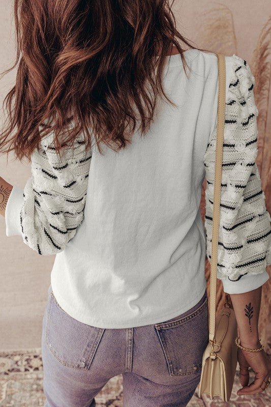 Stripe Patchwork Buttoned V - Neck Ribbed Knit Top - Bitsy Gypsy Boutique