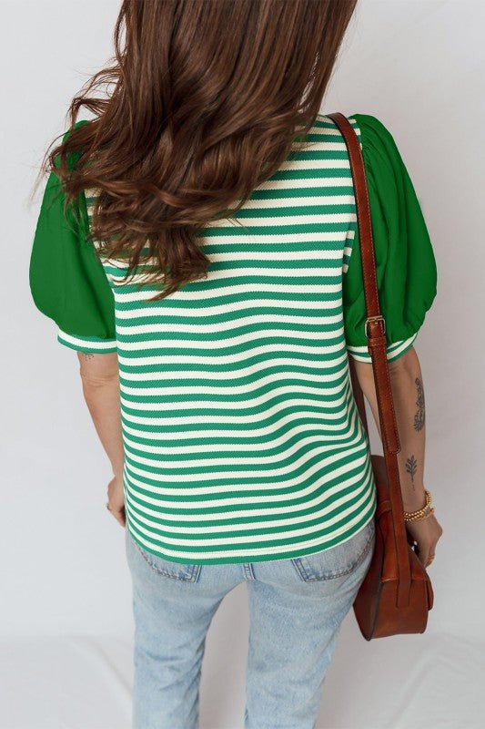 Stripe Patchwork Puff Short Sleeve V - Neck Blouse - Bitsy Gypsy Boutique