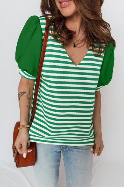 Stripe Patchwork Puff Short Sleeve V - Neck Blouse - Bitsy Gypsy Boutique