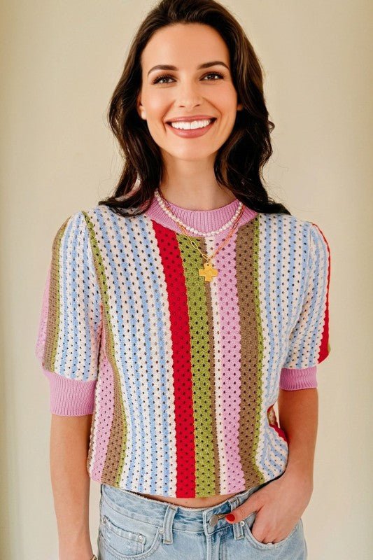 Stripe Pointelle Knit 3/4 Sleeve Sweater - Bitsy Gypsy Boutique