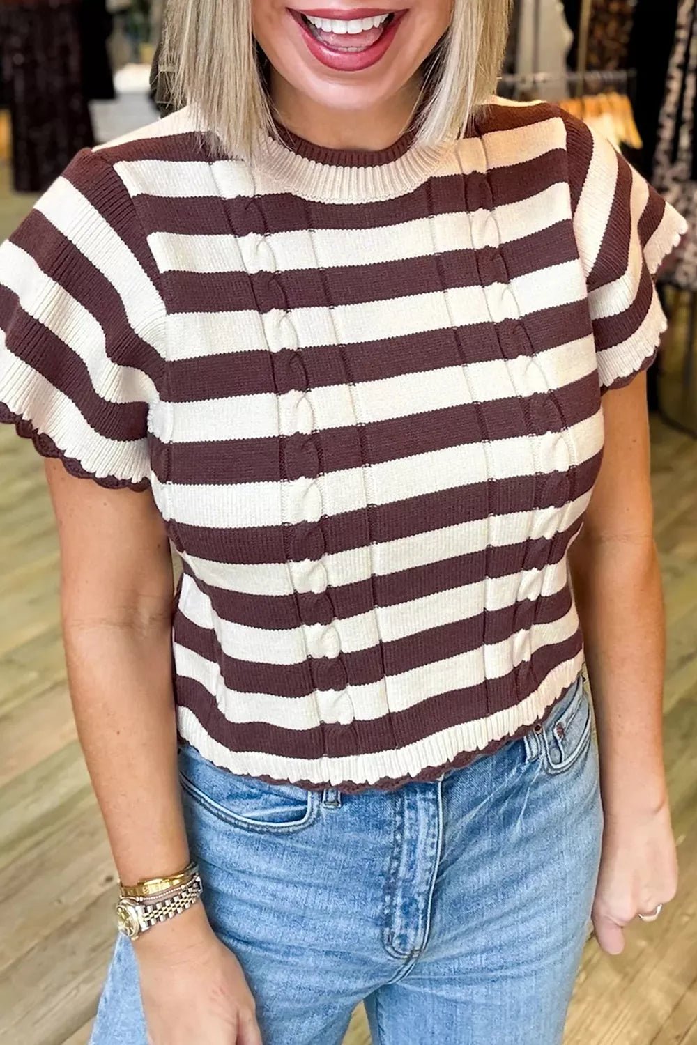 Stripe Ribbed Knit Cable Detail Short Sleeve Sweater - Bitsy Gypsy Boutique