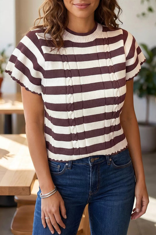 Stripe Ribbed Knit Cable Detail Short Sleeve Sweater - Bitsy Gypsy Boutique