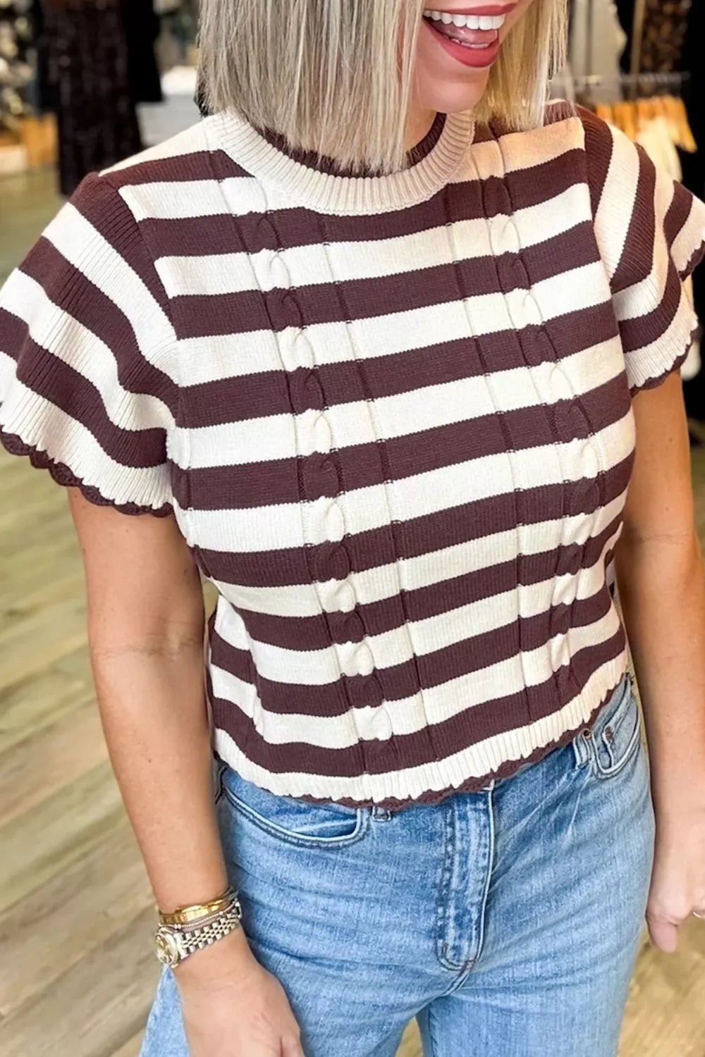 Stripe Ribbed Knit Cable Detail Short Sleeve Sweater - Bitsy Gypsy Boutique