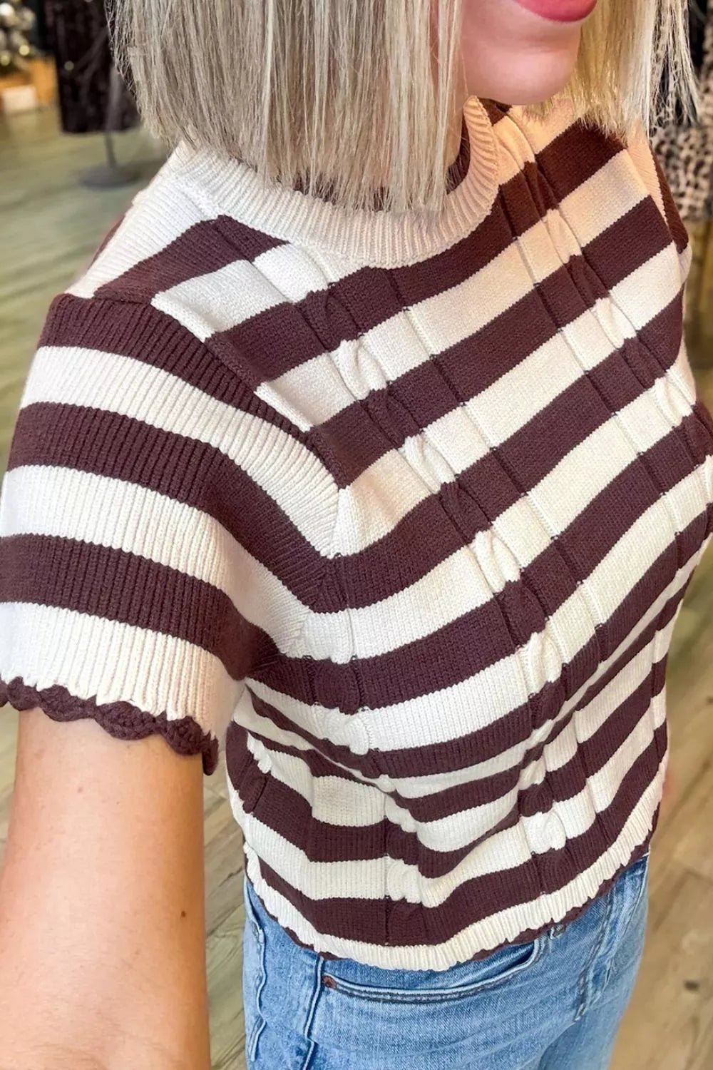 Stripe Ribbed Knit Cable Detail Short Sleeve Sweater - Bitsy Gypsy Boutique