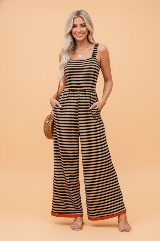 Stripe Square Neck Shirred Wide Leg Jumpsuit - Bitsy Gypsy Boutique