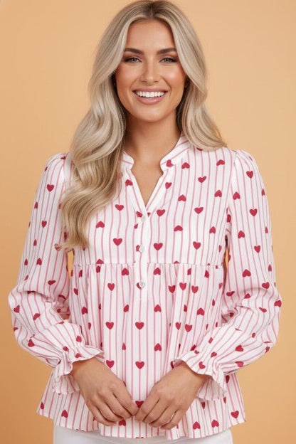 Stripe Textured Heart Flounce Sleeve Shirt - Bitsy Gypsy Boutique