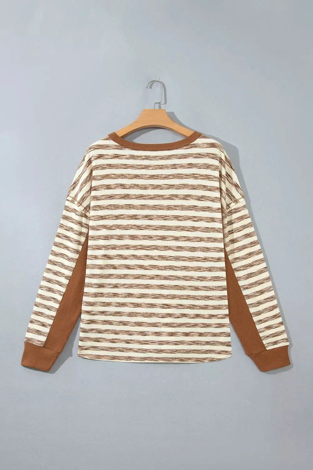 Stripe Textured Knit Color Block Trim Long Sleeve Round Neck Top - Bitsy Gypsy Boutique