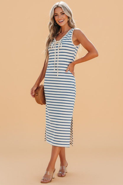 Stripe Tie V - Neck Sleeveless Midi Dress - Bitsy Gypsy Boutique