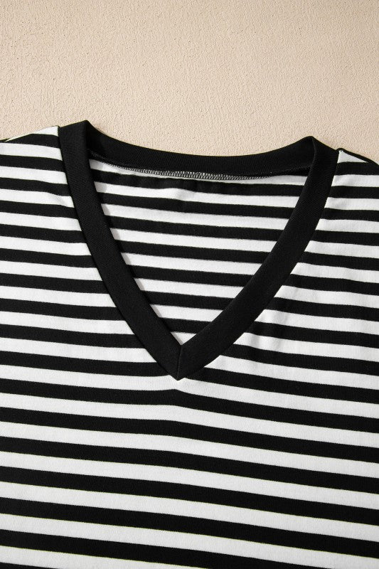 Stripe V - Neck Lace Trim Short Sleeve Tee - Bitsy Gypsy Boutique