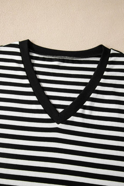 Stripe V - Neck Lace Trim Short Sleeve Tee - Bitsy Gypsy Boutique
