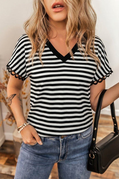 Stripe V - Neck Lace Trim Short Sleeve Tee - Bitsy Gypsy Boutique
