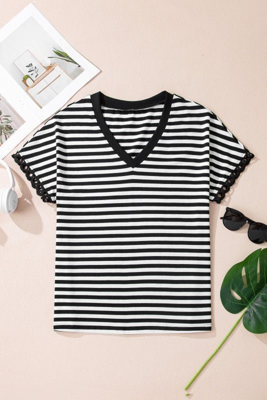 Stripe V - Neck Lace Trim Short Sleeve Tee - Bitsy Gypsy Boutique