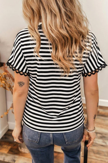 Stripe V - Neck Lace Trim Short Sleeve Tee - Bitsy Gypsy Boutique