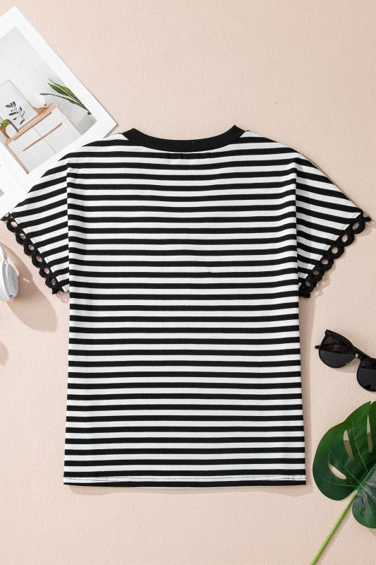 Stripe V - Neck Lace Trim Short Sleeve Tee - Bitsy Gypsy Boutique