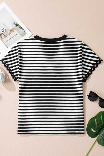 Stripe V - Neck Lace Trim Short Sleeve Tee - Bitsy Gypsy Boutique