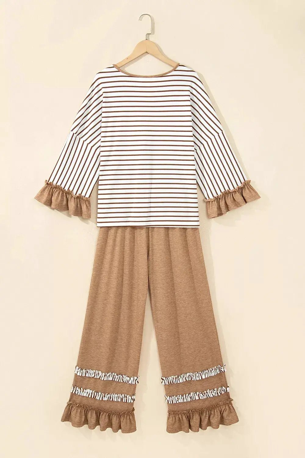 Stripe V Neck Ruffle Contrast Sleeve Top Drawstring Pants 2pcs Set - Bitsy Gypsy Boutique