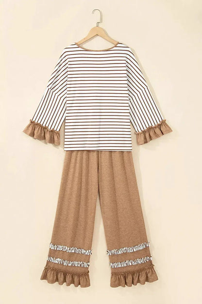 Stripe V Neck Ruffle Contrast Sleeve Top Drawstring Pants 2pcs Set - Bitsy Gypsy Boutique