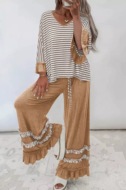 Stripe V Neck Ruffle Contrast Sleeve Top Drawstring Pants 2pcs Set - Bitsy Gypsy Boutique
