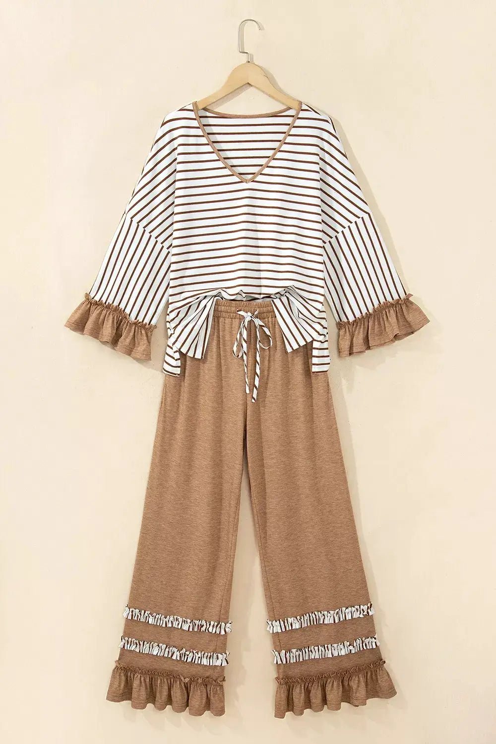 Stripe V Neck Ruffle Contrast Sleeve Top Drawstring Pants 2pcs Set - Bitsy Gypsy Boutique
