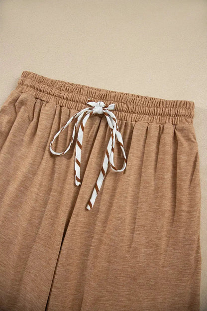 Stripe V Neck Ruffle Contrast Sleeve Top Drawstring Pants 2pcs Set - Bitsy Gypsy Boutique
