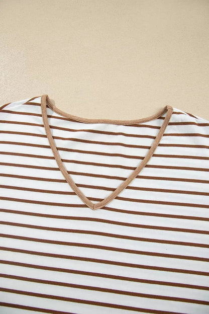 Stripe V Neck Ruffle Contrast Sleeve Top Drawstring Pants 2pcs Set - Bitsy Gypsy Boutique
