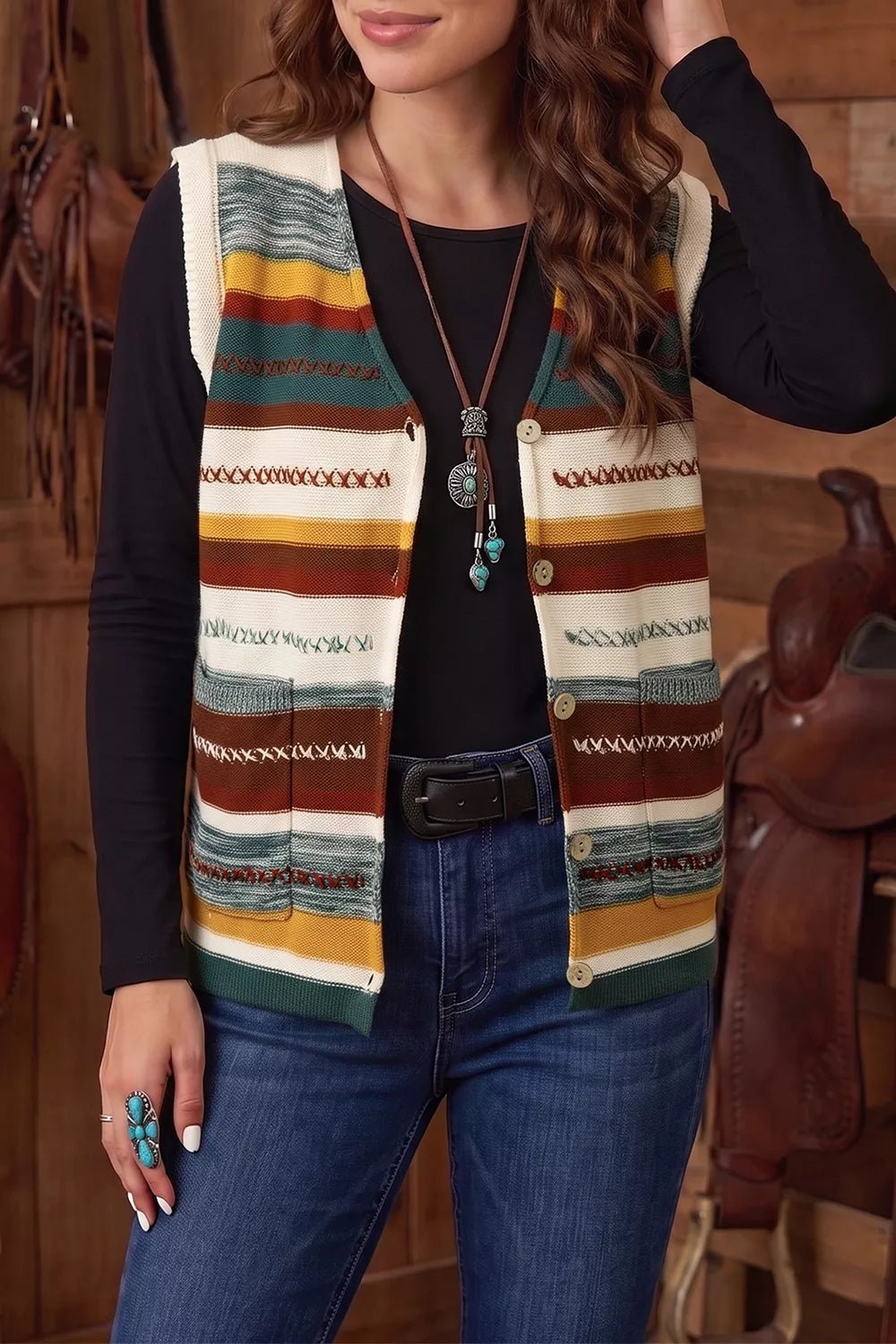 Striped Button Front Sleeveless Knit Regular Fit Sweater Vest - Bitsy Gypsy Boutique