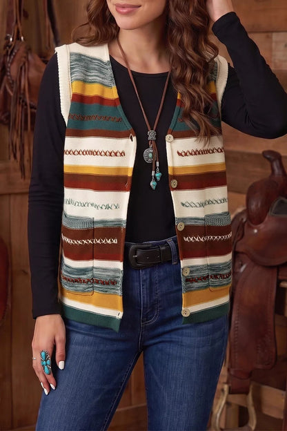 Striped Button Front Sleeveless Knit Regular Fit Sweater Vest - Bitsy Gypsy Boutique