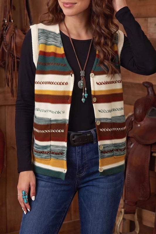 Striped Button Front Sleeveless Knit Regular Fit Sweater Vest - Bitsy Gypsy Boutique