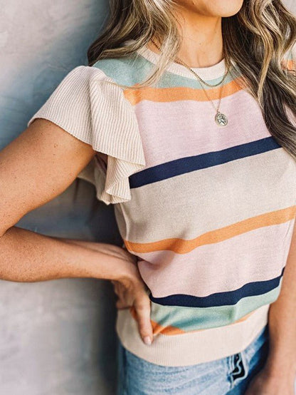 Striped Colorblock Flutter Sleeve Knit Top - Bitsy Gypsy Boutique