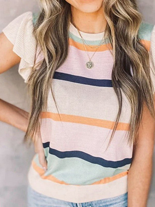 Striped Colorblock Flutter Sleeve Knit Top - Bitsy Gypsy Boutique