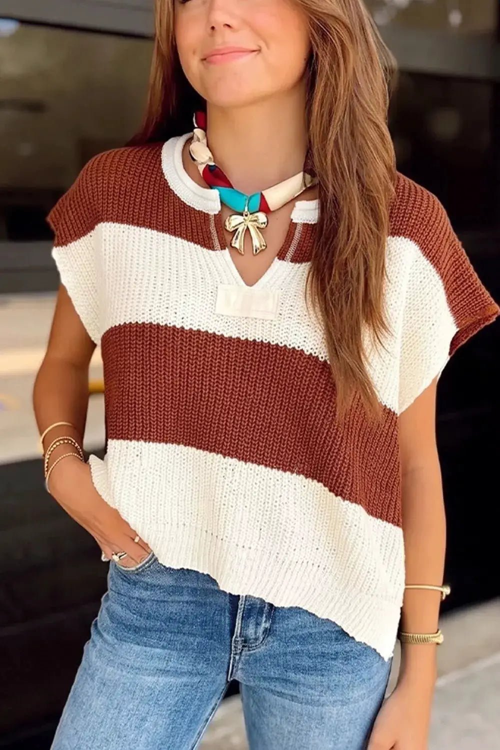 Striped Colorblock Knit Short Sleeve Loose Sweater - Bitsy Gypsy Boutique