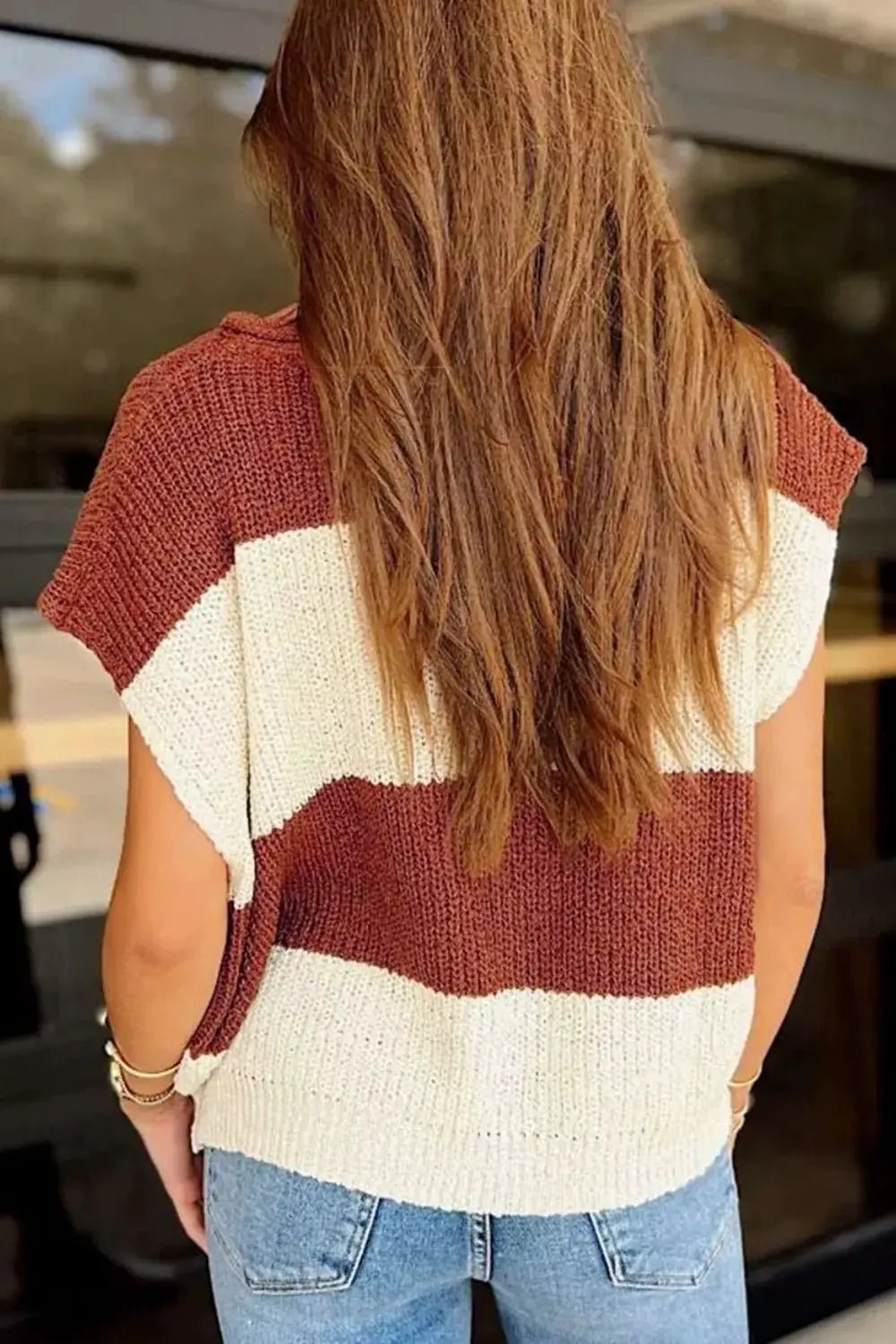 Striped Colorblock Knit Short Sleeve Loose Sweater - Bitsy Gypsy Boutique
