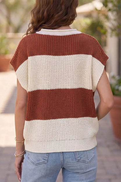 Striped Colorblock Knit Short Sleeve Loose Sweater - Bitsy Gypsy Boutique