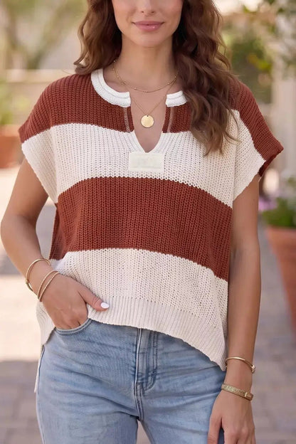 Striped Colorblock Knit Short Sleeve Loose Sweater - Bitsy Gypsy Boutique