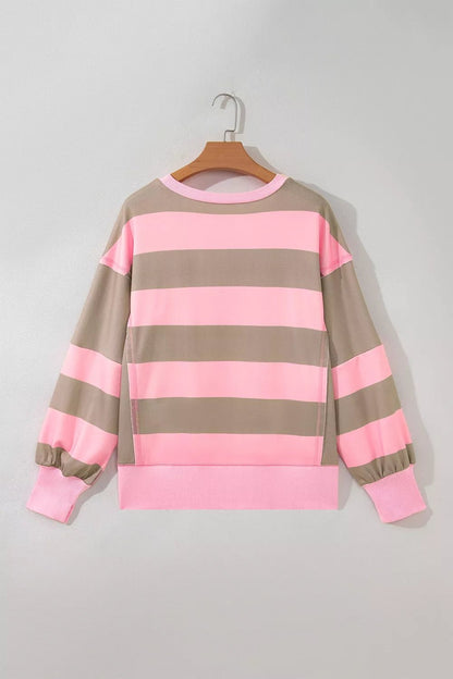 Striped Colorblock Patch Pocket Split Hem Oversized Long Sleeve Sweatshirt - Bitsy Gypsy Boutique