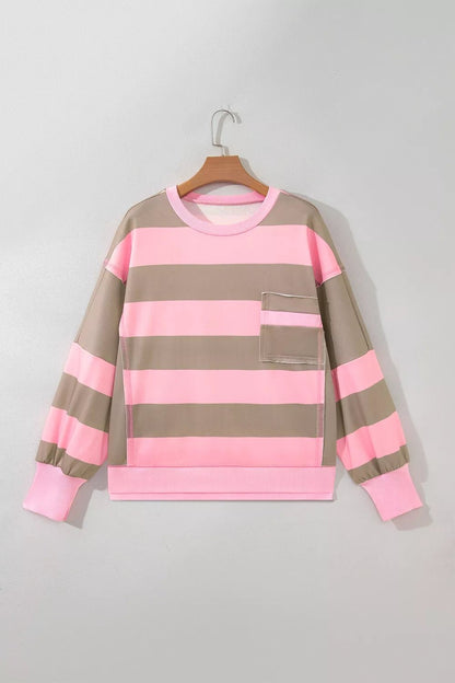 Striped Colorblock Patch Pocket Split Hem Oversized Long Sleeve Sweatshirt - Bitsy Gypsy Boutique