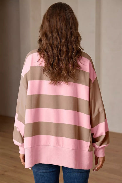 Striped Colorblock Patch Pocket Split Hem Oversized Long Sleeve Sweatshirt - Bitsy Gypsy Boutique
