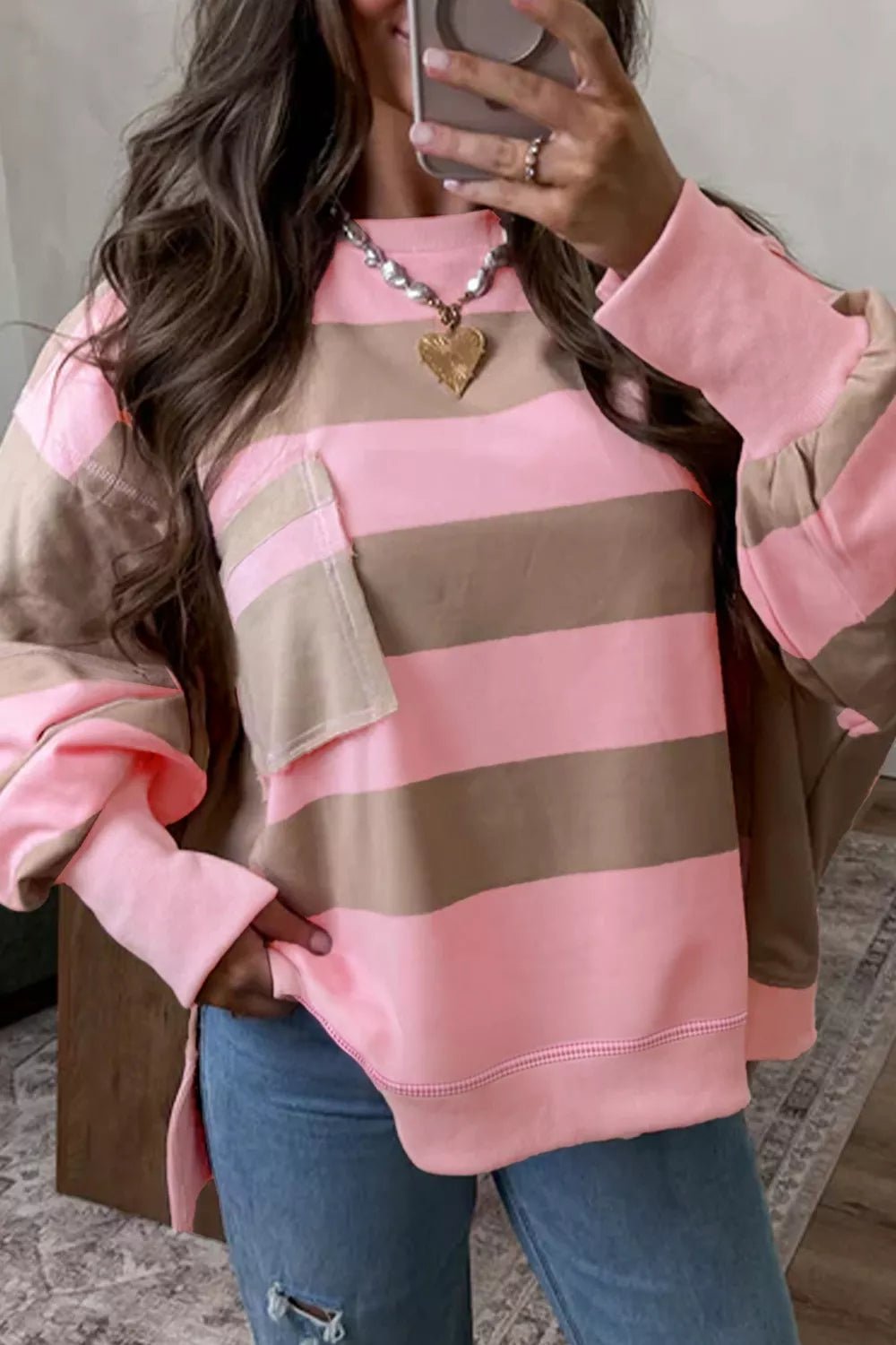Striped Colorblock Patch Pocket Split Hem Oversized Long Sleeve Sweatshirt - Bitsy Gypsy Boutique
