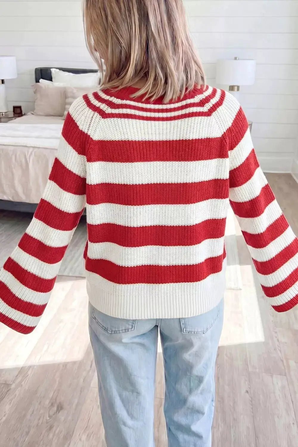 Striped Colorblock V Neck Long Sleeve Shift Sweater - Bitsy Gypsy Boutique