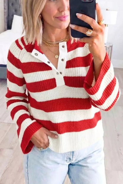 Striped Colorblock V Neck Long Sleeve Shift Sweater - Bitsy Gypsy Boutique
