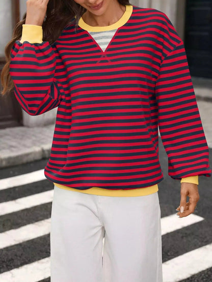 Striped Crew Neck Contrast Trim Long Sleeve Sweatshirt - Bitsy Gypsy Boutique