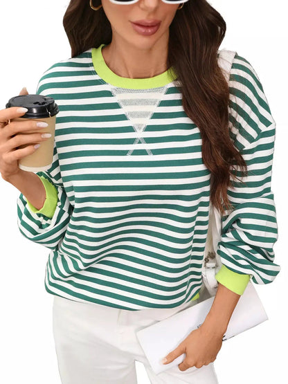 Striped Crew Neck Contrast Trim Long Sleeve Sweatshirt - Bitsy Gypsy Boutique
