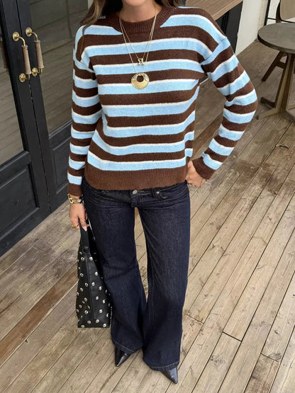 Striped Crew Neck Knit Sweater - Bitsy Gypsy Boutique