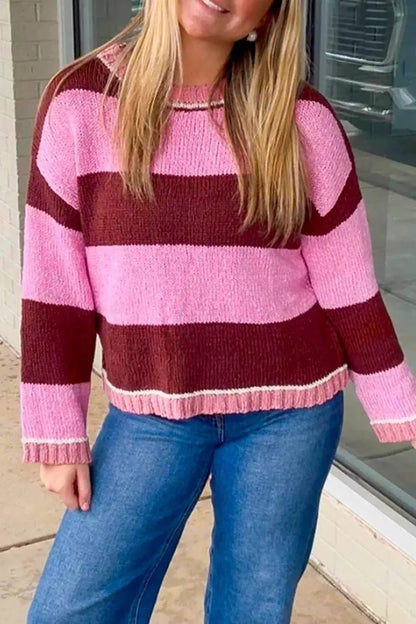 Striped Drop Shoulder Long Sleeve Pullover Regular Fit Knit Sweater - Bitsy Gypsy Boutique