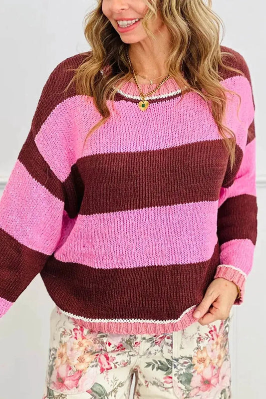 Striped Drop Shoulder Long Sleeve Pullover Regular Fit Knit Sweater - Bitsy Gypsy Boutique