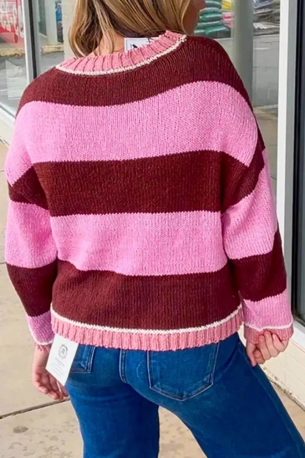 Striped Drop Shoulder Long Sleeve Pullover Regular Fit Knit Sweater - Bitsy Gypsy Boutique